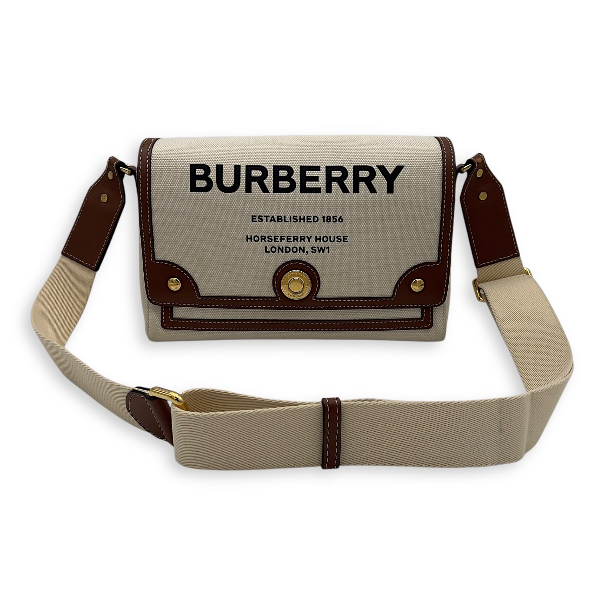 Burberry Horseferry Print Note Brown Crossbody Bag in Canvas, Gold hardware_26