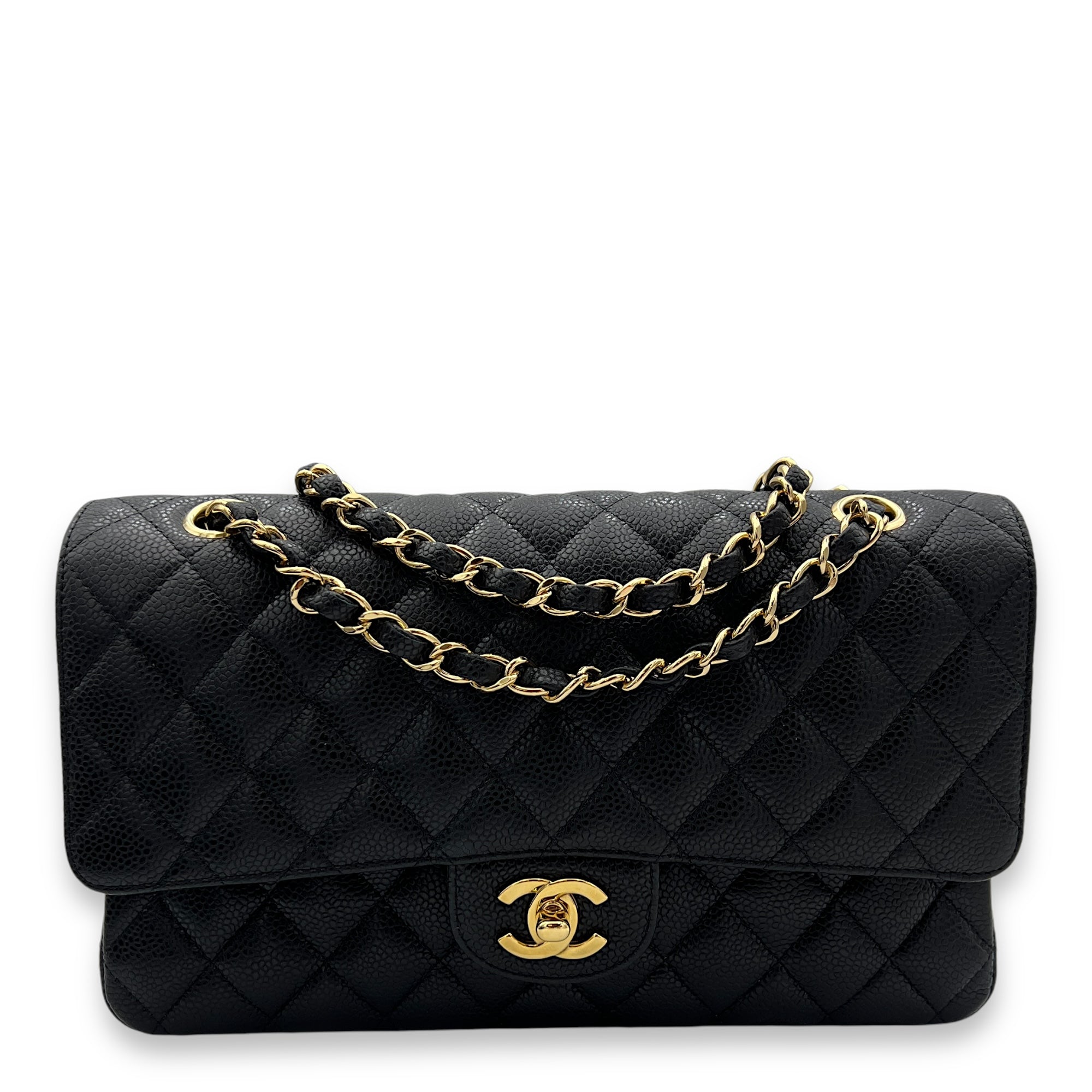 Classic Double Flap Mediun Shoulder bag in Caviar leather, Gold Hardware