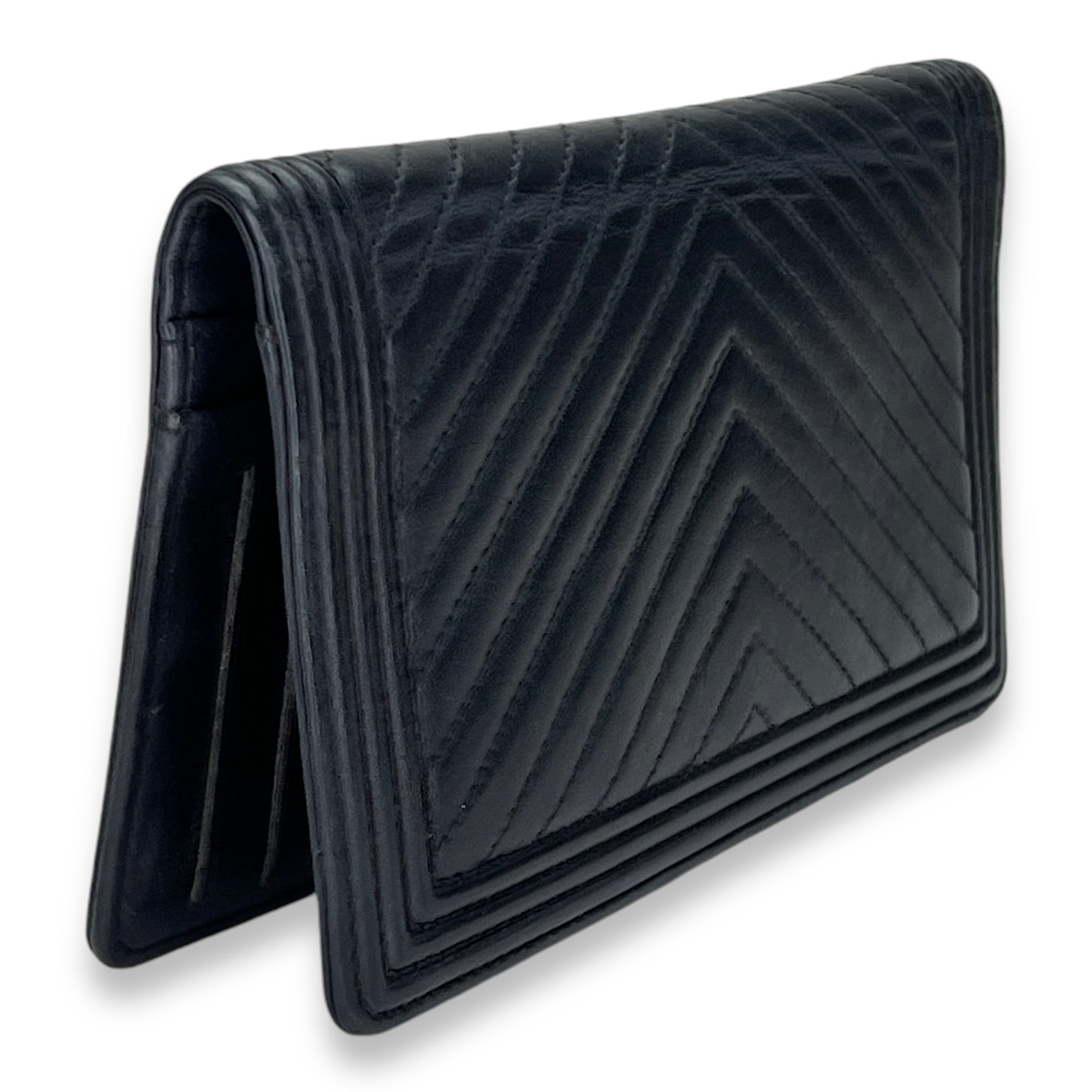 Boy Long Black Wallet in Calfskin, Silver hardware