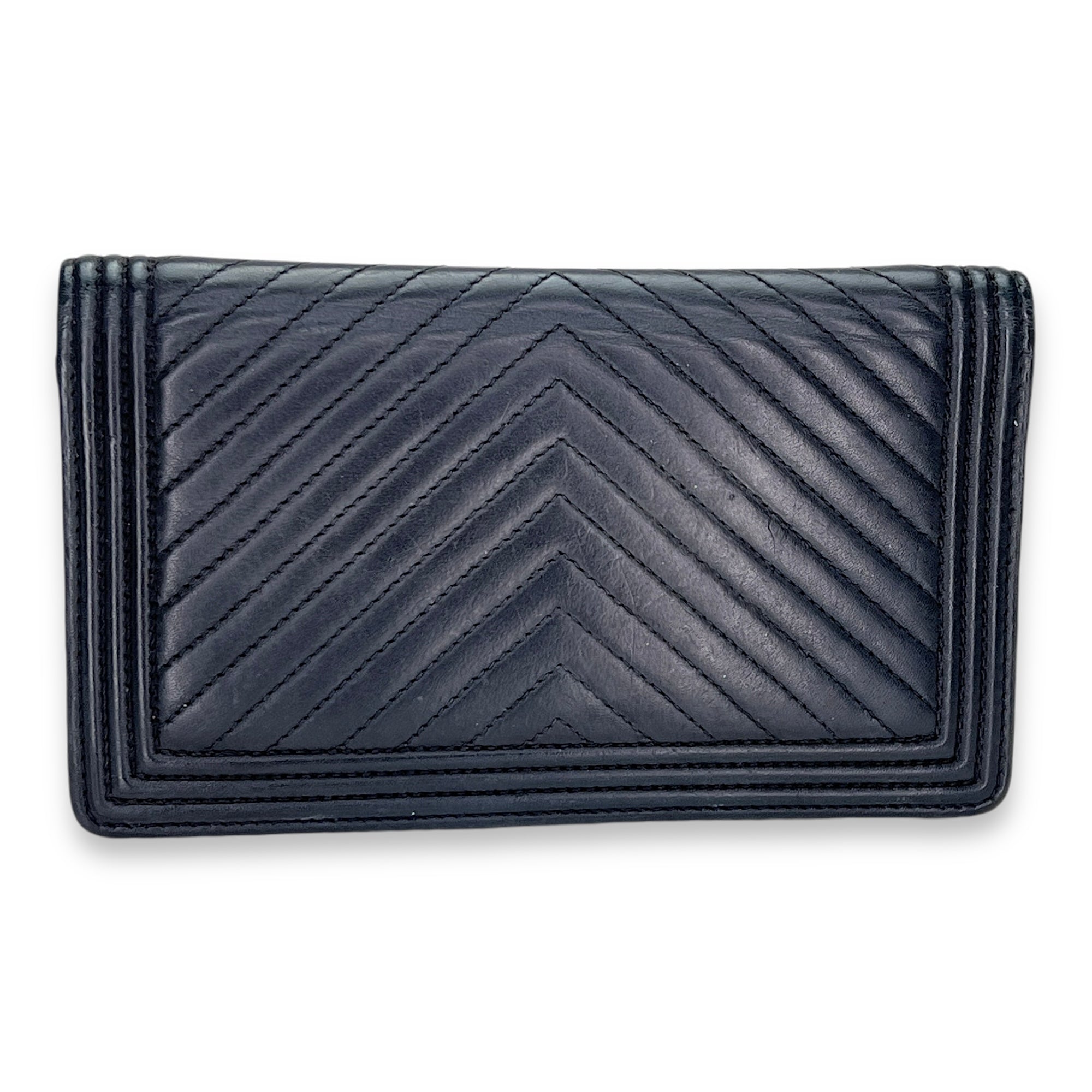 Boy Long Black Wallet in Calfskin, Silver hardware