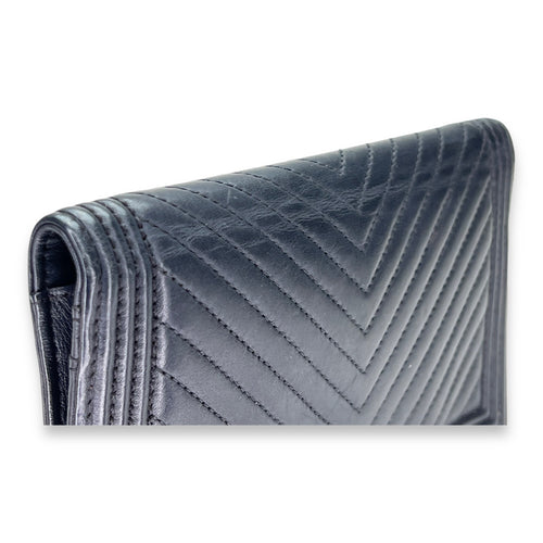 Boy Long Black Wallet in Calfskin, Silver hardware