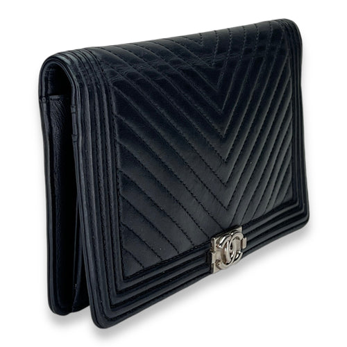 Boy Long Black Wallet in Calfskin, Silver hardware