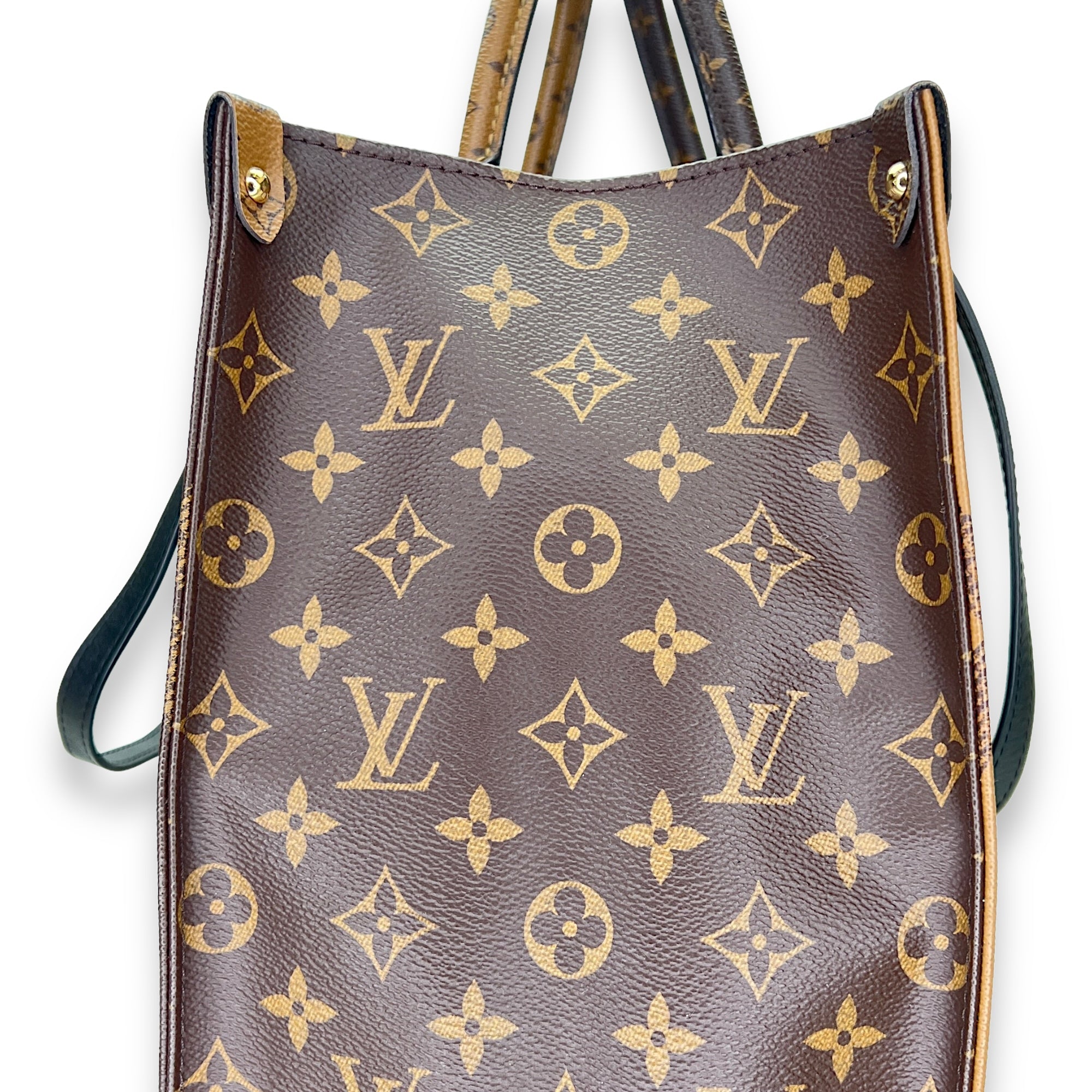 OnTheGo GM Brown Tote Bag in Monogram Coated Canvas, Gold hardware