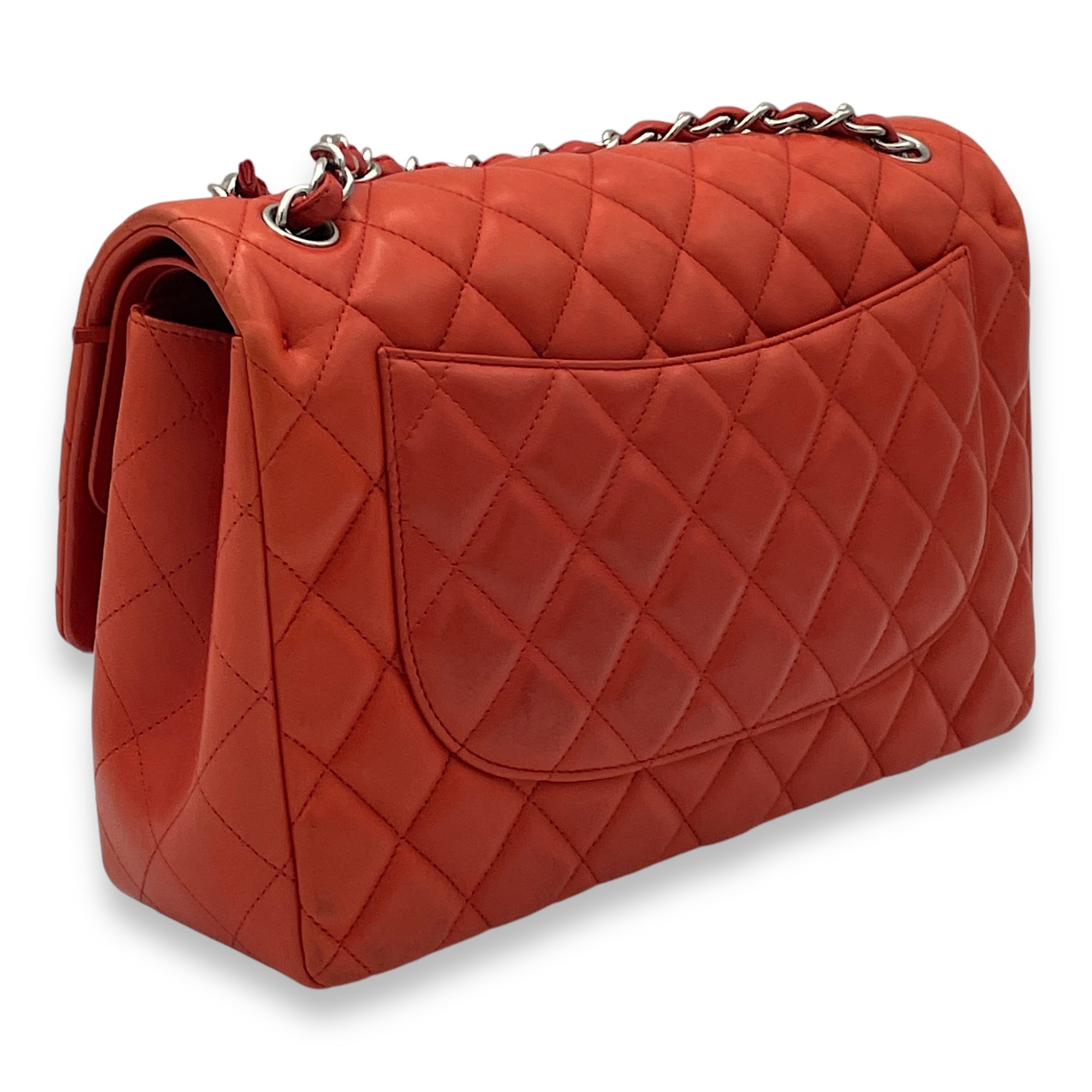 Classic Double Flap Jumbo Red Shoulder Bag in Lambskin, Silver hardware