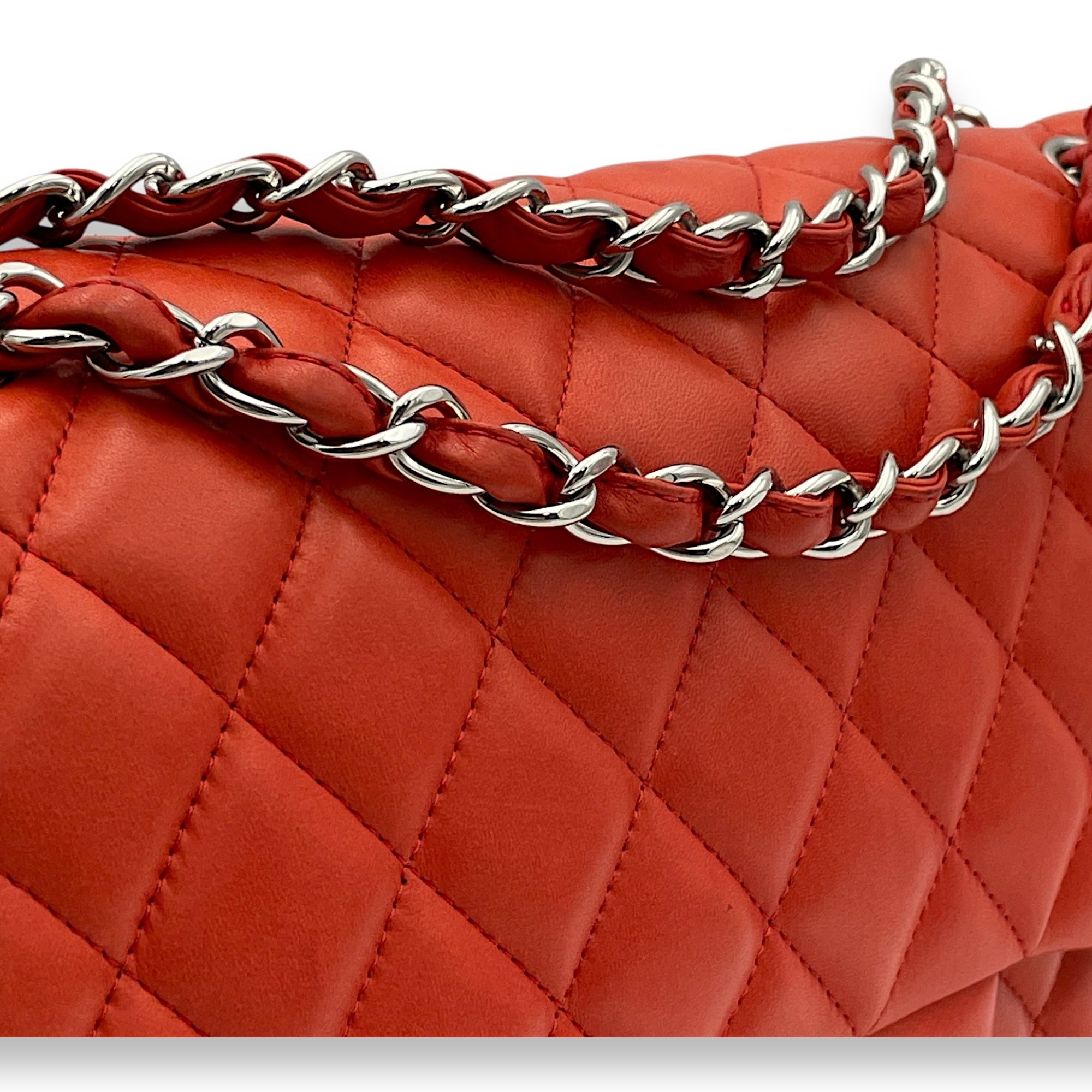 Classic Double Flap Jumbo Red Shoulder Bag in Lambskin, Silver hardware