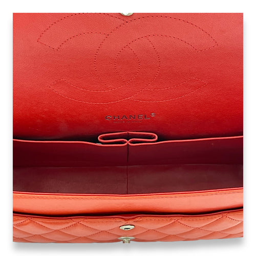 Classic Double Flap Jumbo Red Shoulder Bag in Lambskin, Silver hardware