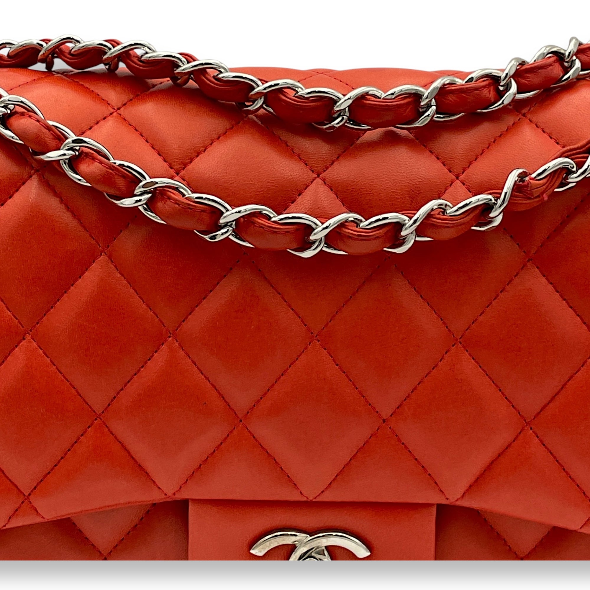 Classic Double Flap Jumbo Red Shoulder Bag in Lambskin, Silver hardware