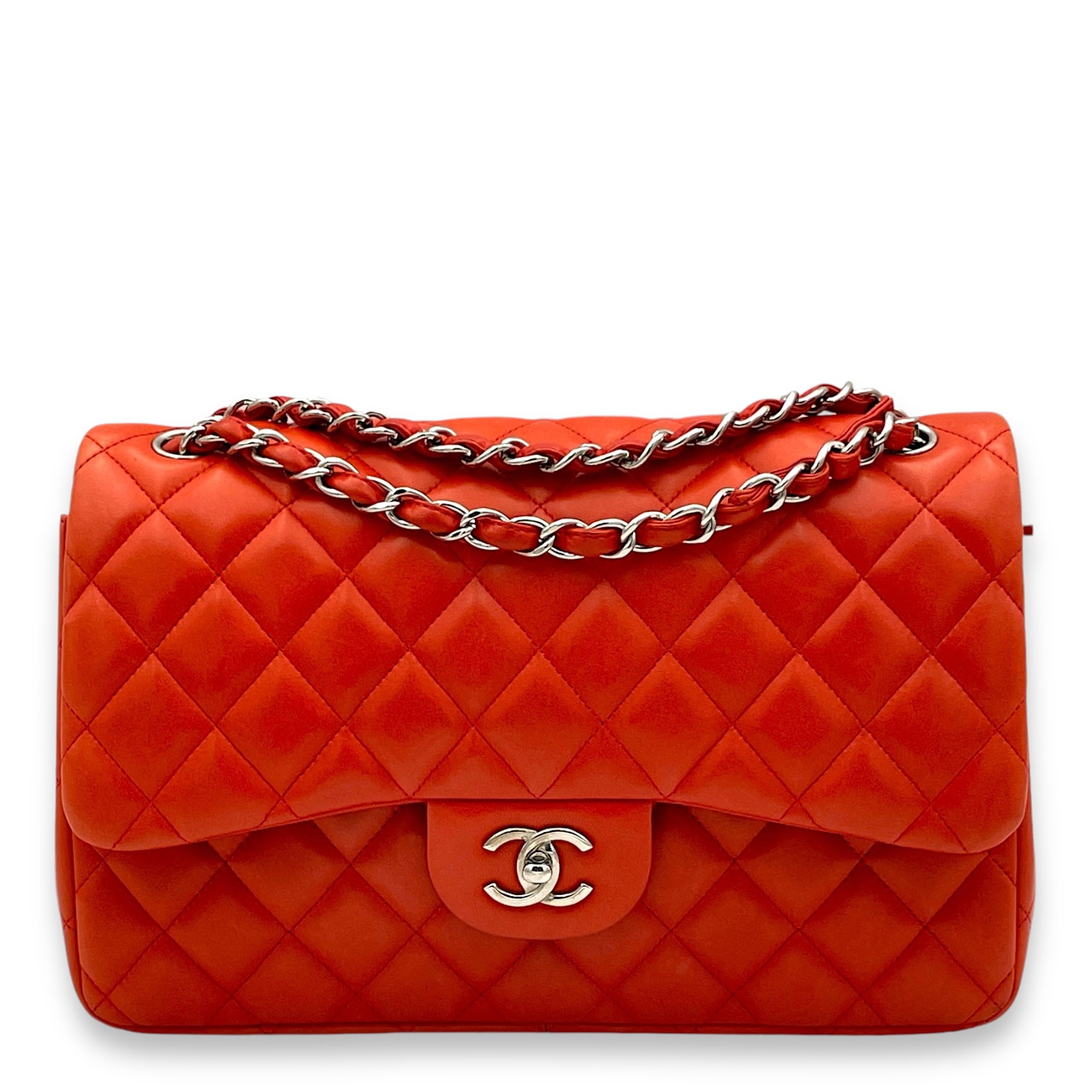 Classic Double Flap Jumbo Red Shoulder Bag in Lambskin, Silver hardware