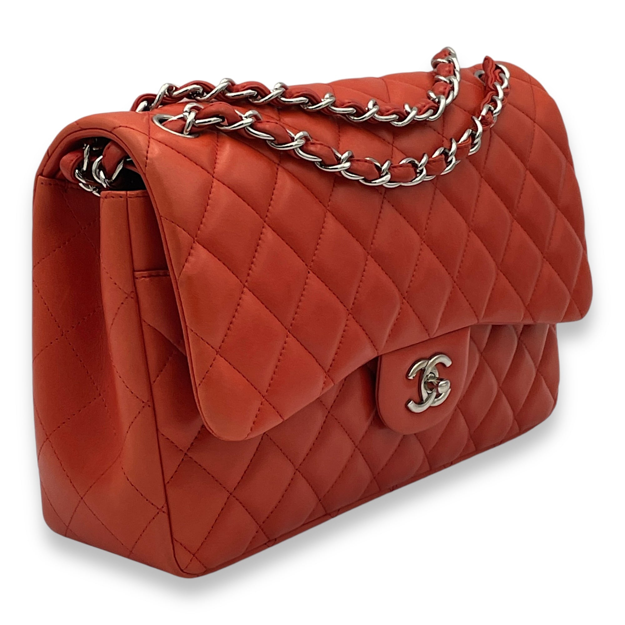 Classic Double Flap Jumbo Red Shoulder Bag in Lambskin, Silver hardware