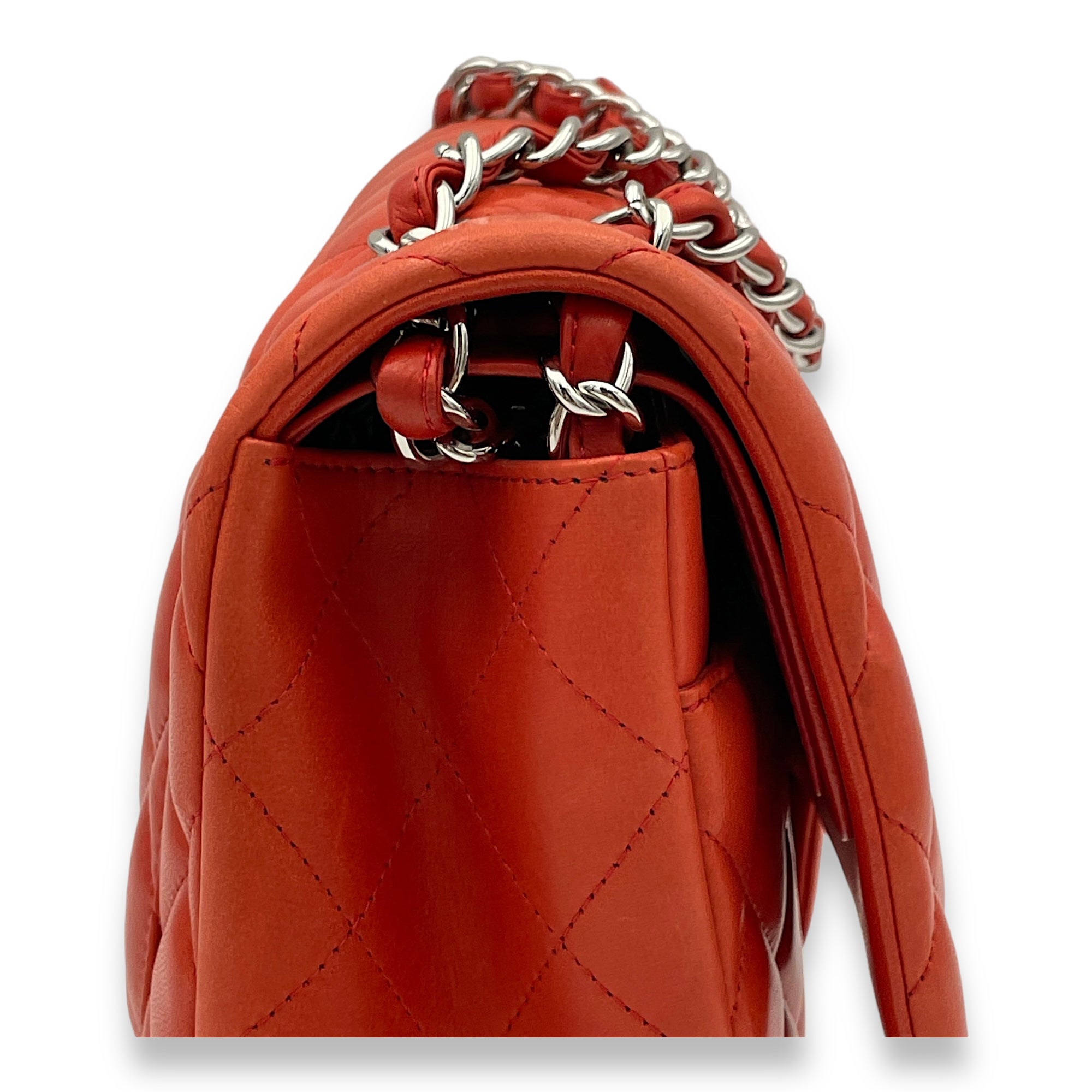 Classic Double Flap Jumbo Red Shoulder Bag in Lambskin, Silver hardware