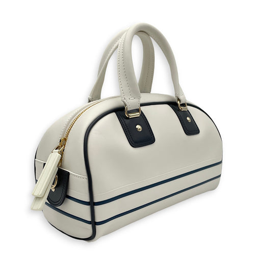 Vibe Bowling White Top Handle Bag in Calfskin, Gold hardware