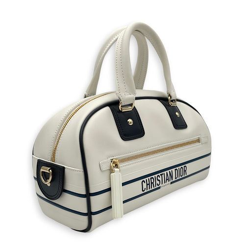 Vibe Bowling White Top Handle Bag in Calfskin, Gold hardware