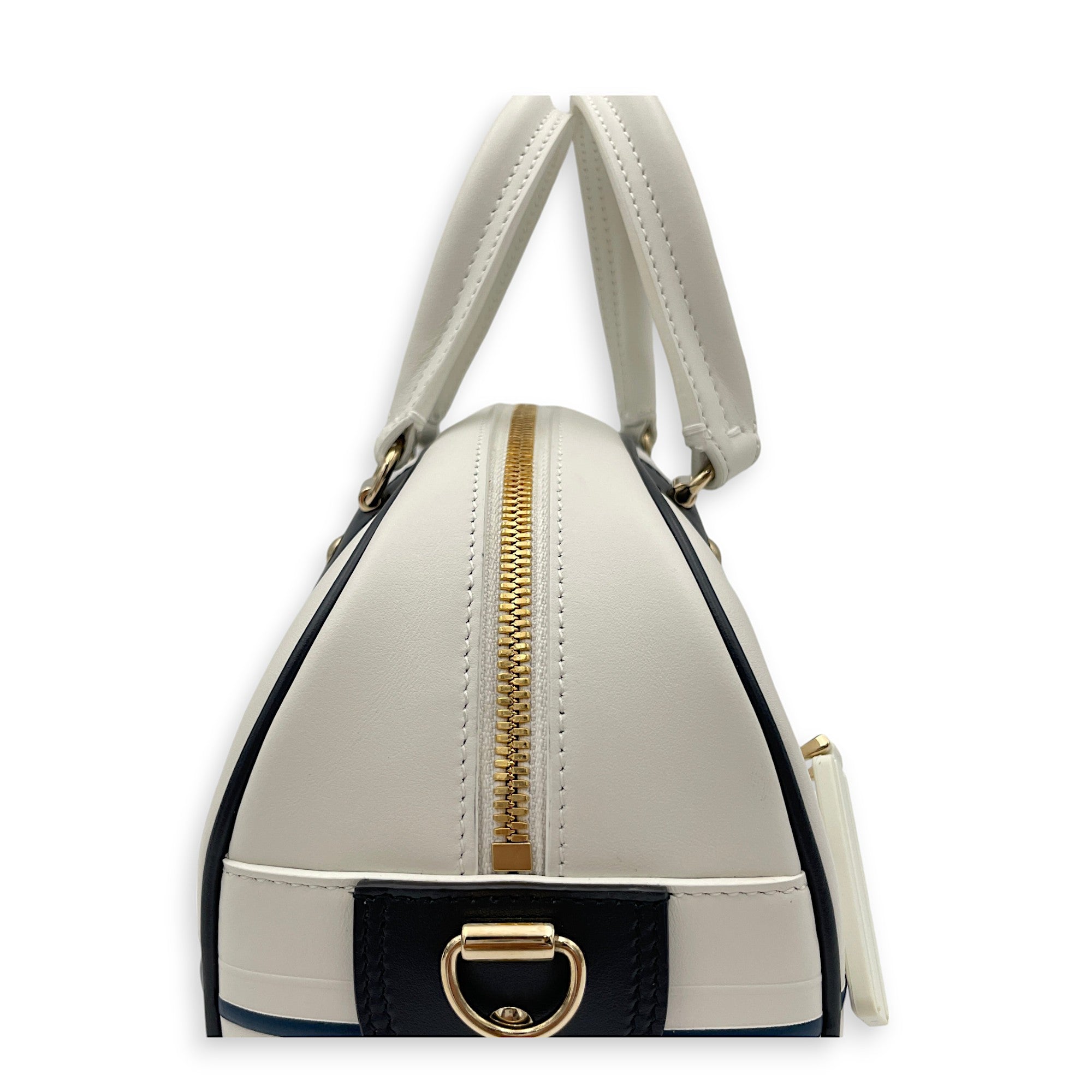 Vibe Bowling White Top Handle Bag in Calfskin, Gold hardware