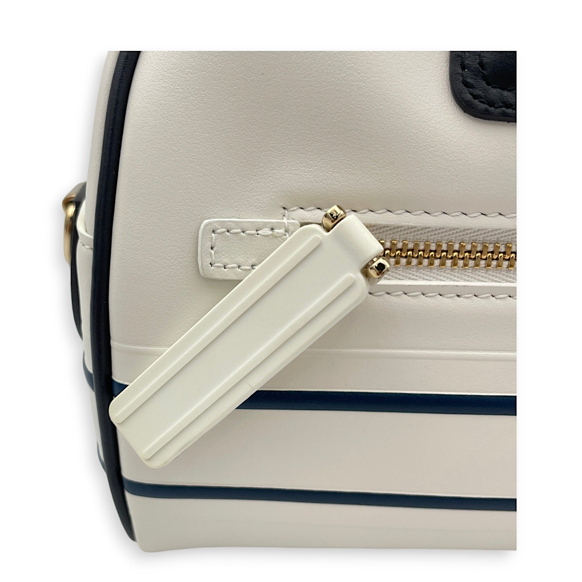 Vibe Bowling White Top Handle Bag in Calfskin, Gold hardware