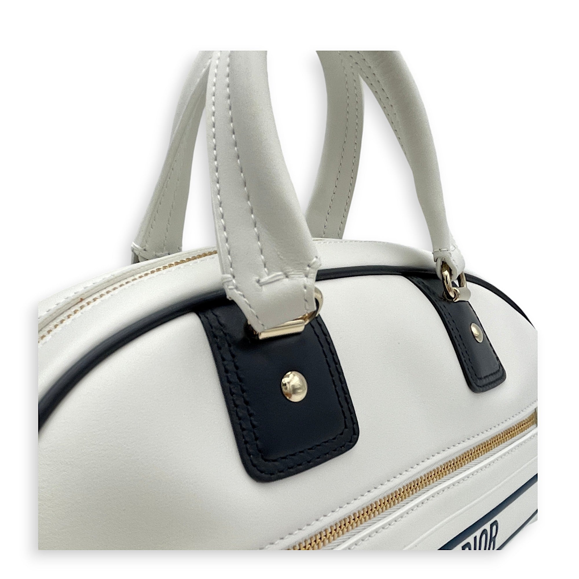 Vibe Bowling White Top Handle Bag in Calfskin, Gold hardware