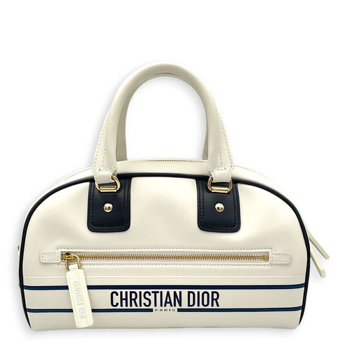 Vibe Bowling White Top Handle Bag in Calfskin, Gold hardware