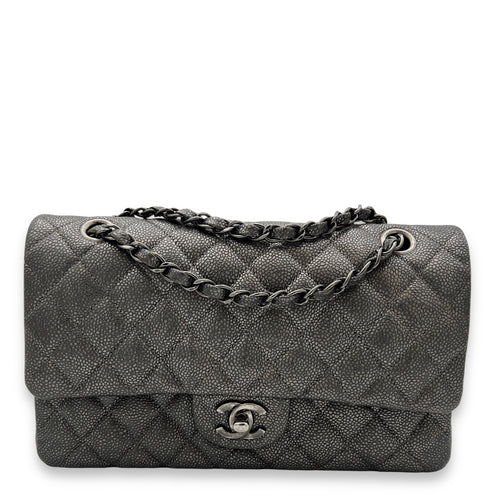 Timeless Classic Flap Medium Grey Shoulder Bag in Caviar Leather, Gunmetal hardware