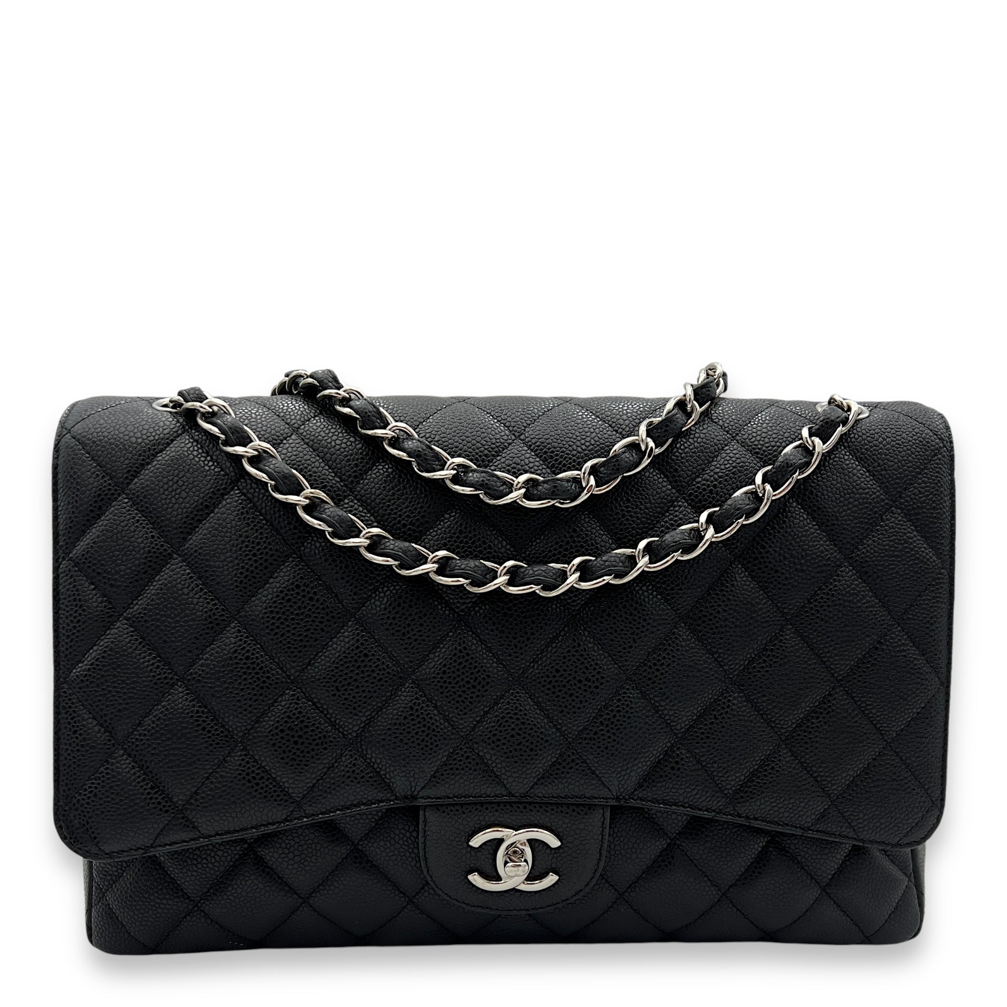 Classic Flap Maxi Black Shoulder Bag in Caviar Leather, Silver hardware