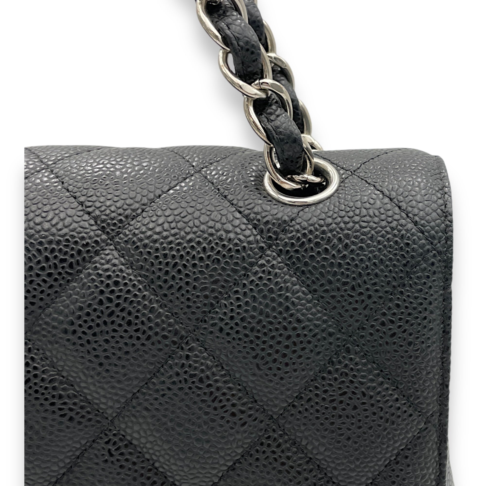 Classic Flap Maxi Black Shoulder Bag in Caviar Leather, Silver hardware