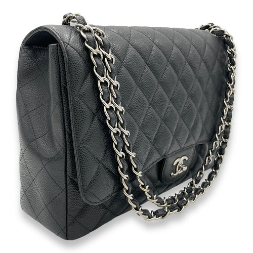 Classic Flap Maxi Black Shoulder Bag in Caviar Leather, Silver hardware