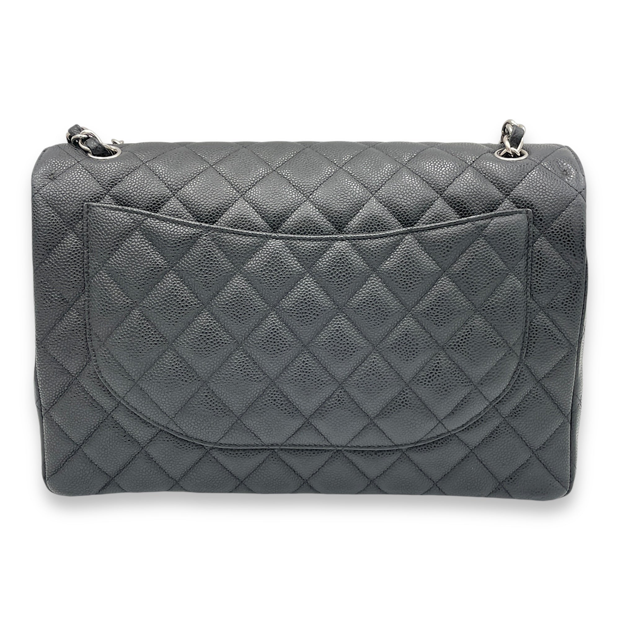 Classic Flap Maxi Black Shoulder Bag in Caviar Leather, Silver hardware