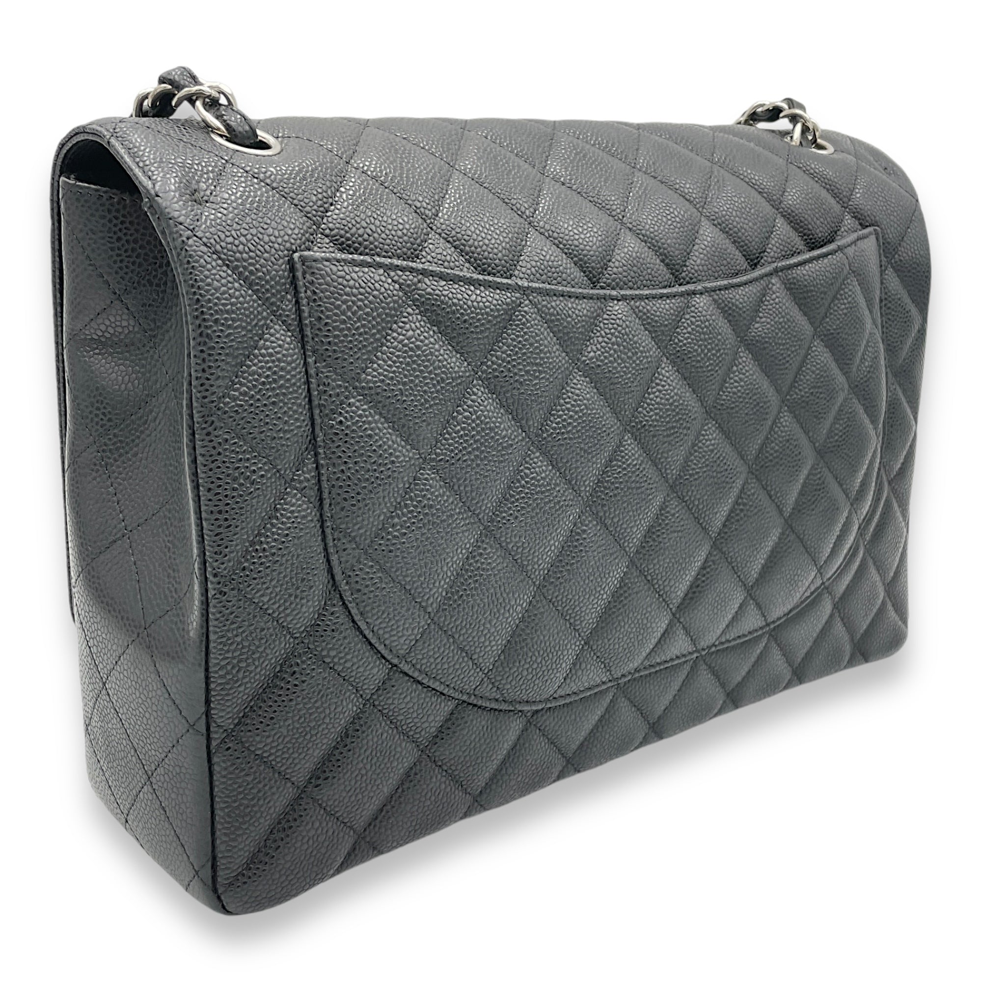 Classic Flap Maxi Black Shoulder Bag in Caviar Leather, Silver hardware