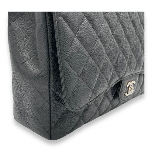 Classic Flap Maxi Black Shoulder Bag in Caviar Leather, Silver hardware