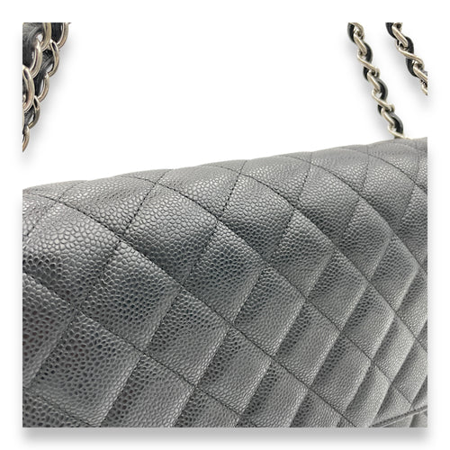 Classic Flap Maxi Black Shoulder Bag in Caviar Leather, Silver hardware