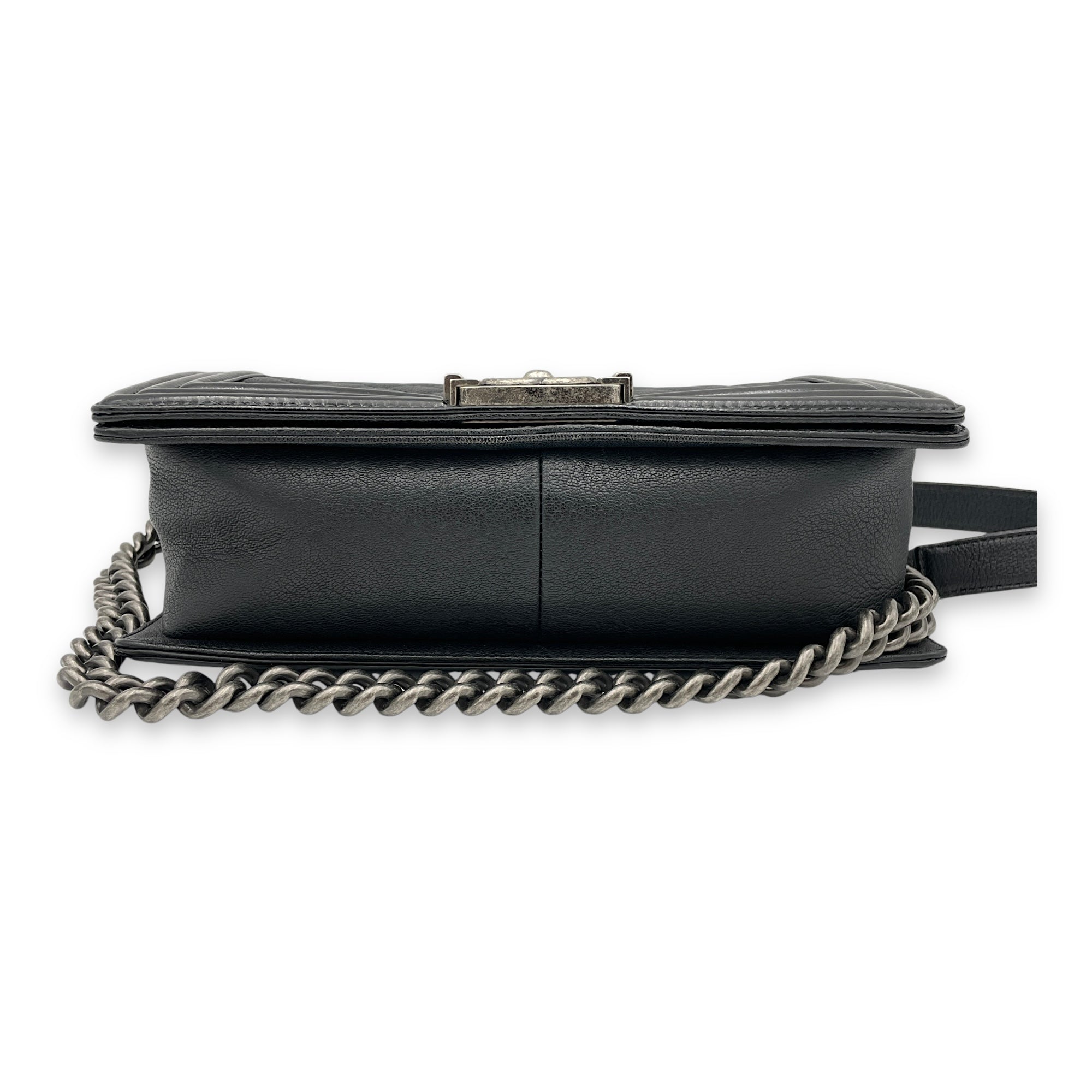 Boy Old Medium Black Shoulder Bag in Goat Leather, Ruthenium hardware