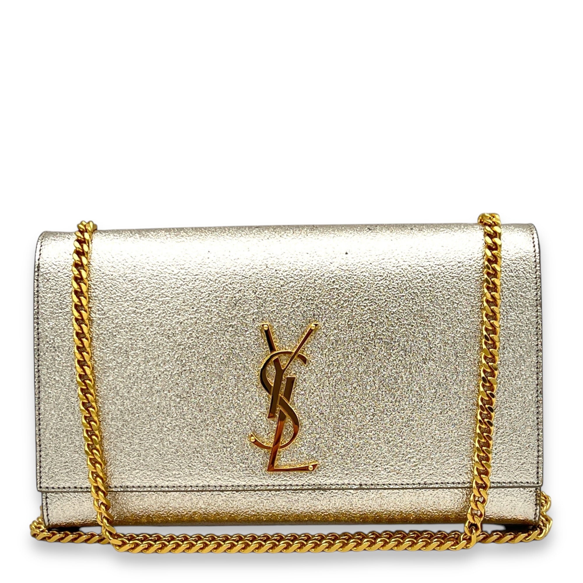 Kate Medium Silver Crossbody Bag in Calfskin, Gold hardware