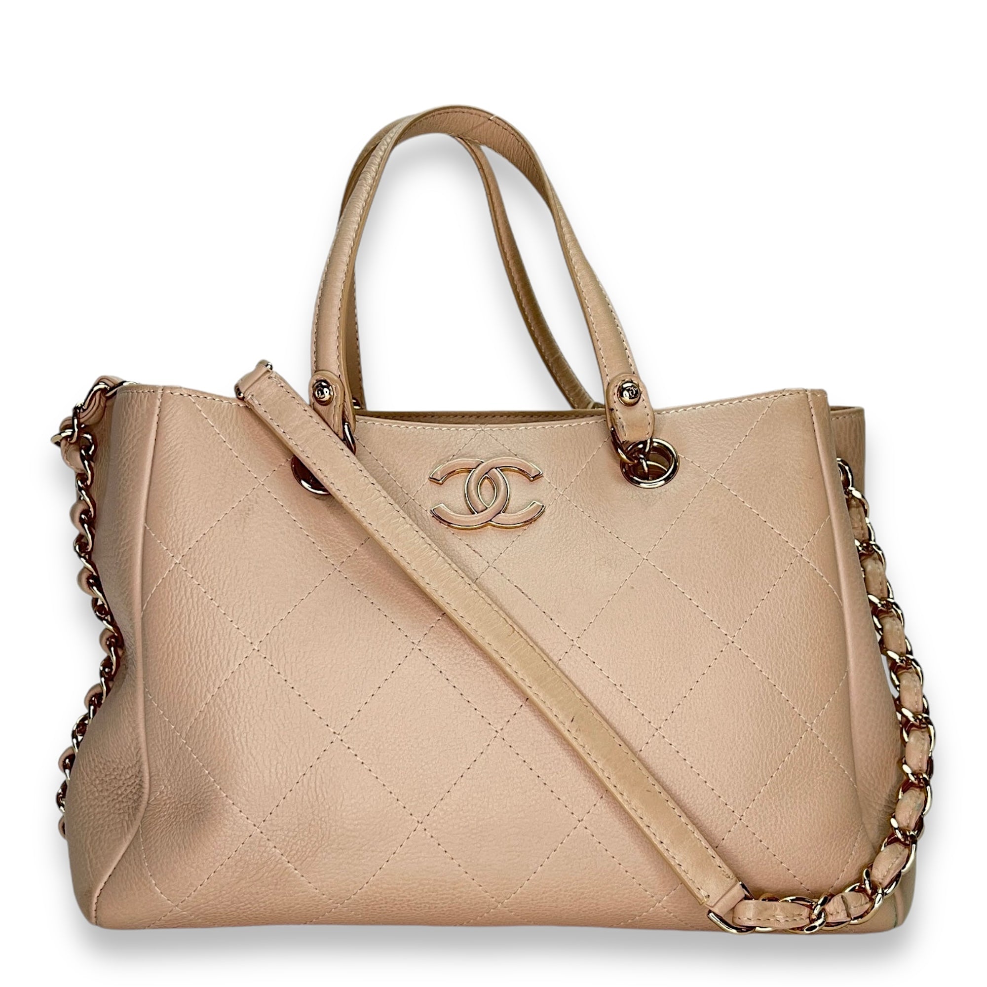 Stitched Shopping Beige Top Handle Bag in Calfskin, Gold hardware