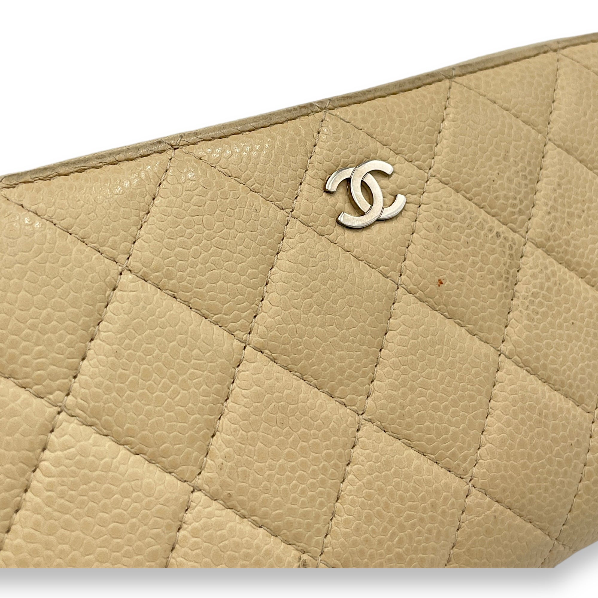 Classic Long Zip Beige Wallet in Caviar Leather, Silver hardware