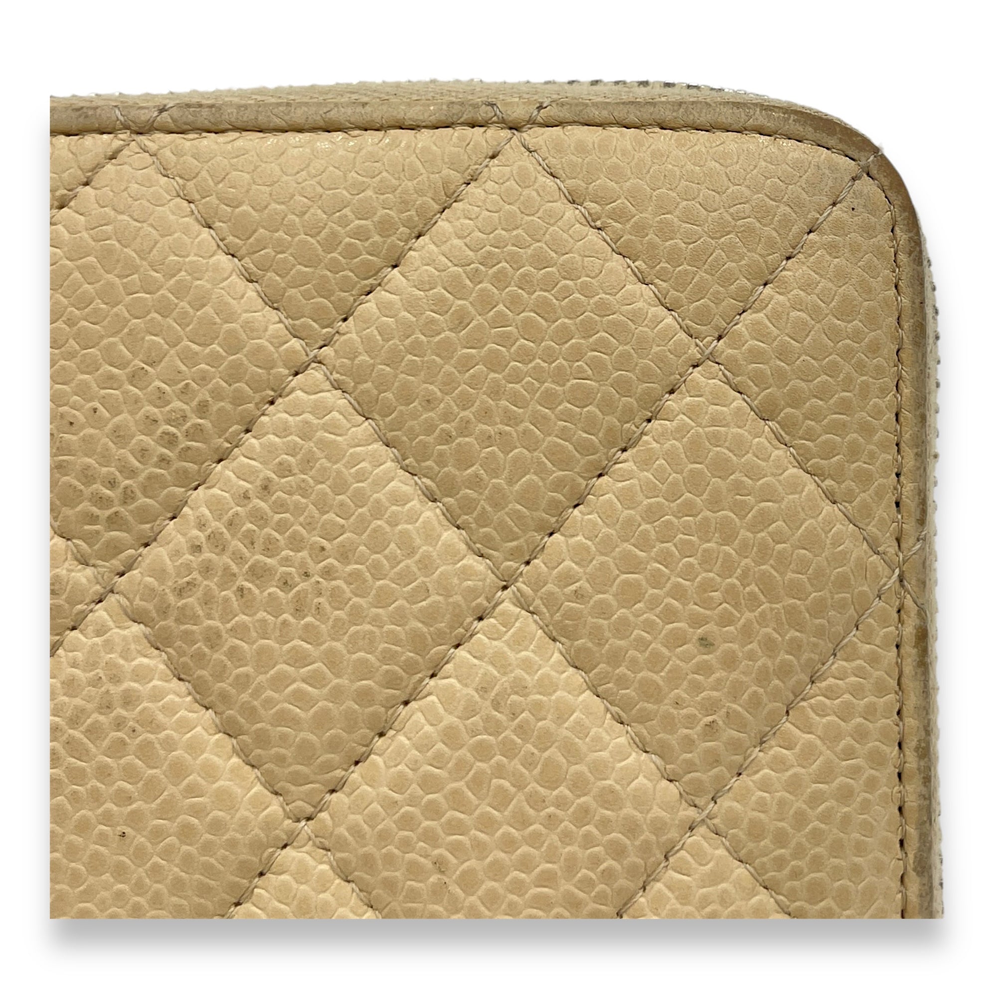 Classic Long Zip Beige Wallet in Caviar Leather, Silver hardware