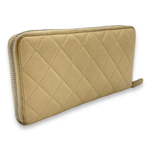 Classic Long Zip Beige Wallet in Caviar Leather, Silver hardware