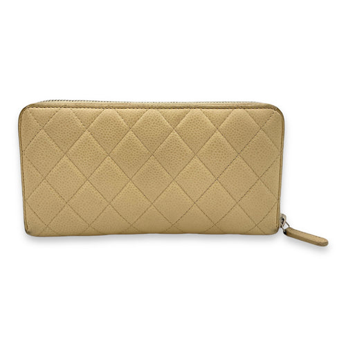 Classic Long Zip Beige Wallet in Caviar Leather, Silver hardware