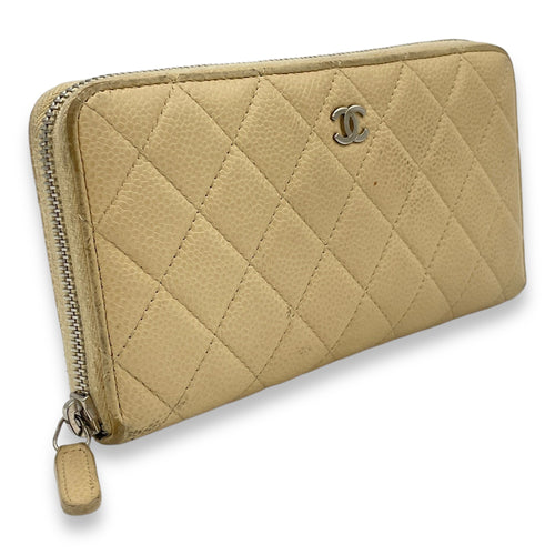 Classic Long Zip Beige Wallet in Caviar Leather, Silver hardware