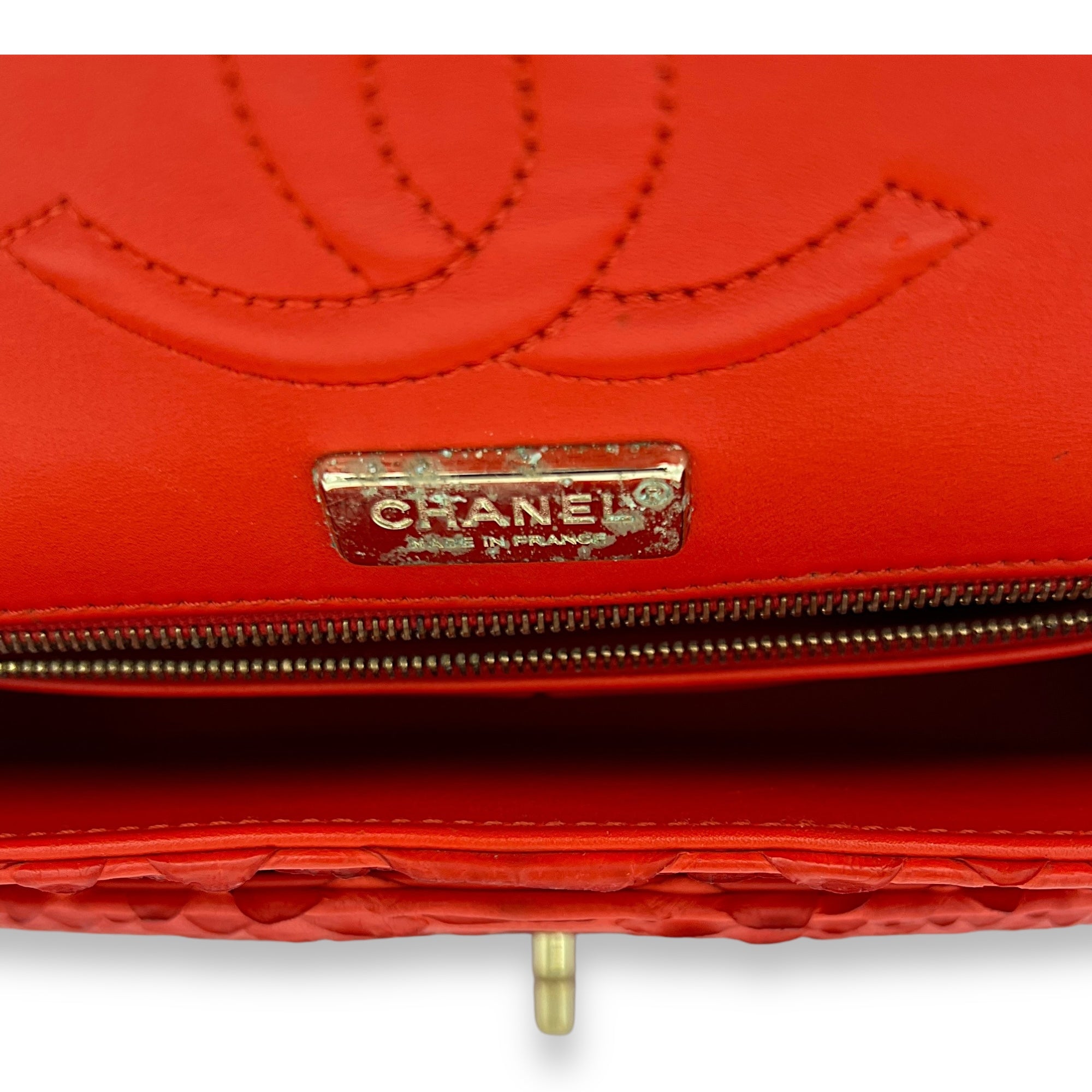 Classic Double Flap Medium Red Shoulder Bag in Python Leather, Gold hardware