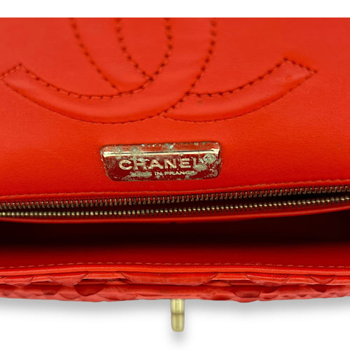 Classic Double Flap Medium Red Shoulder Bag in Python Leather, Gold hardware