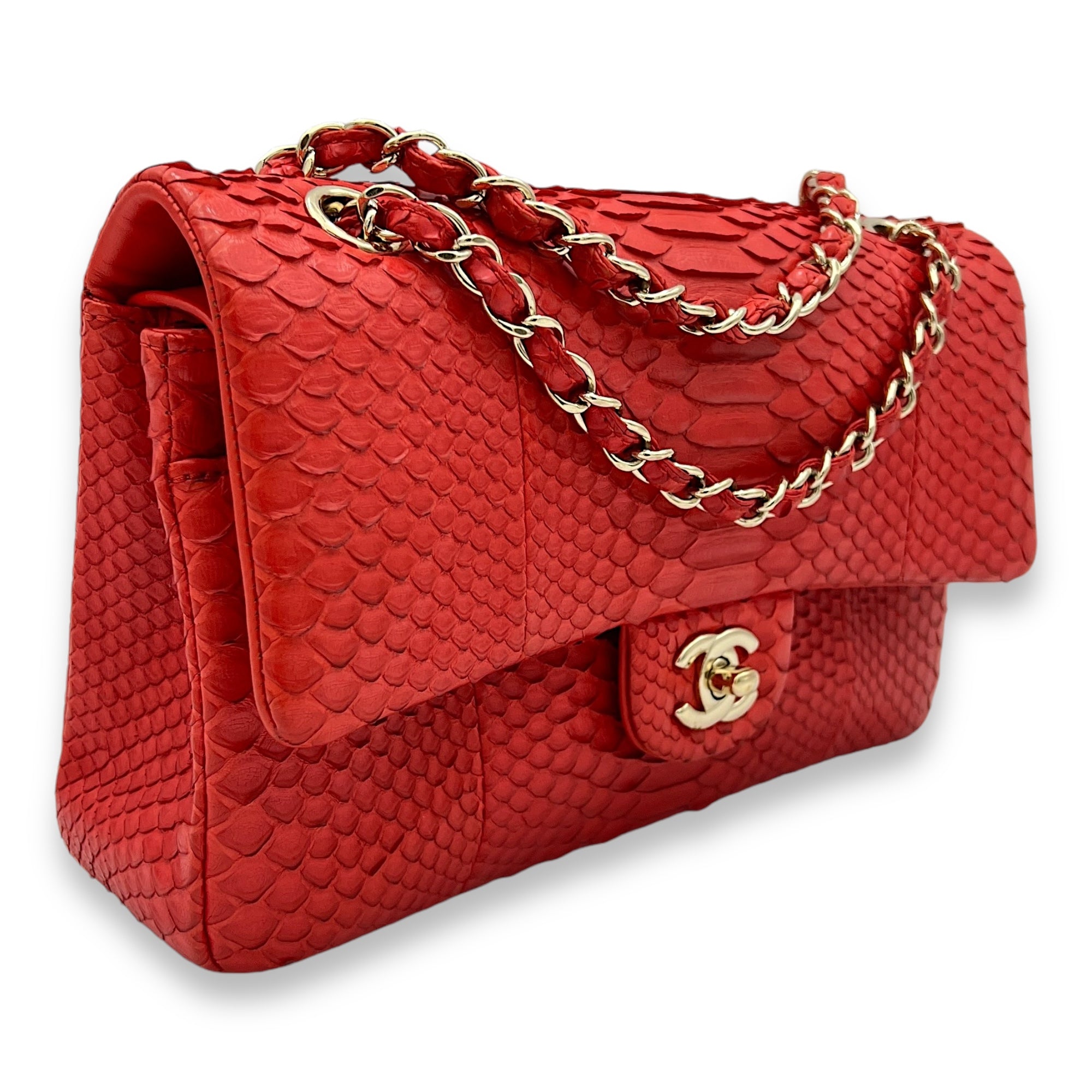 Classic Double Flap Medium Red Shoulder Bag in Python Leather, Gold hardware