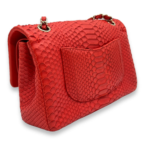 Classic Double Flap Medium Red Shoulder Bag in Python Leather, Gold hardware