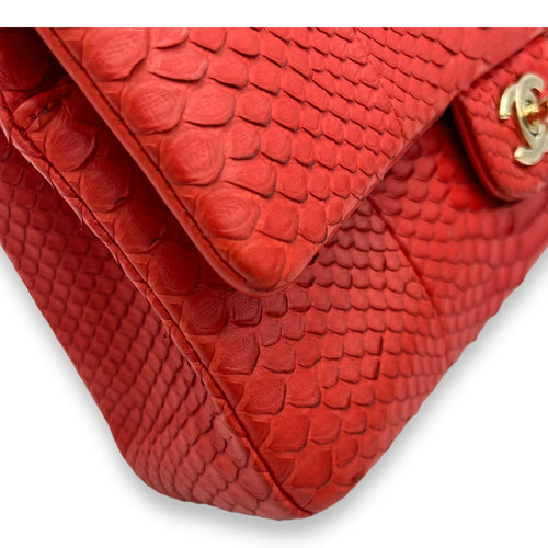 Classic Double Flap Medium Red Shoulder Bag in Python Leather, Gold hardware