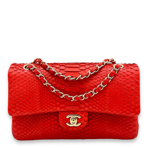 Classic Double Flap Medium Red Shoulder Bag in Python Leather, Gold hardware