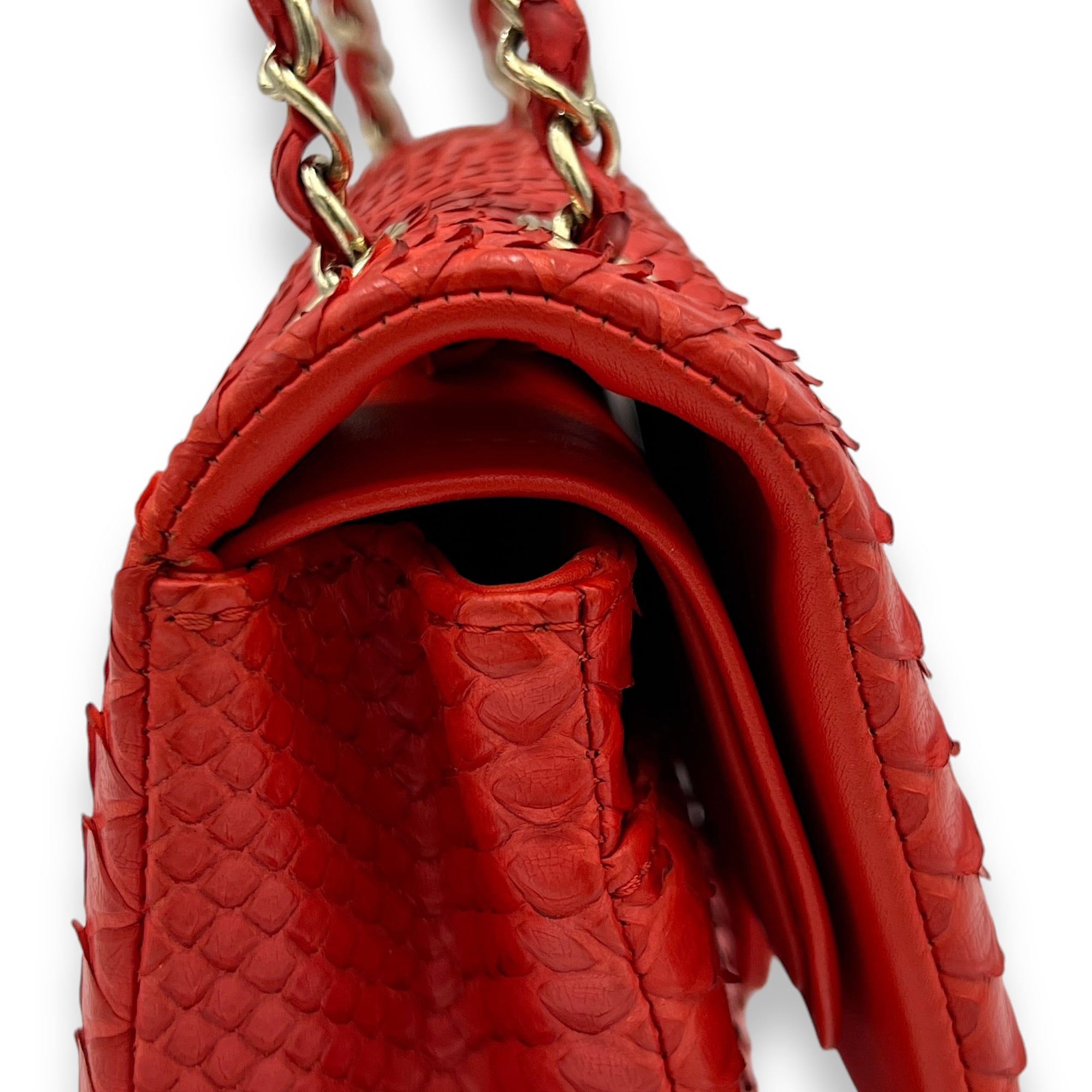 Classic Double Flap Medium Red Shoulder Bag in Python Leather, Gold hardware