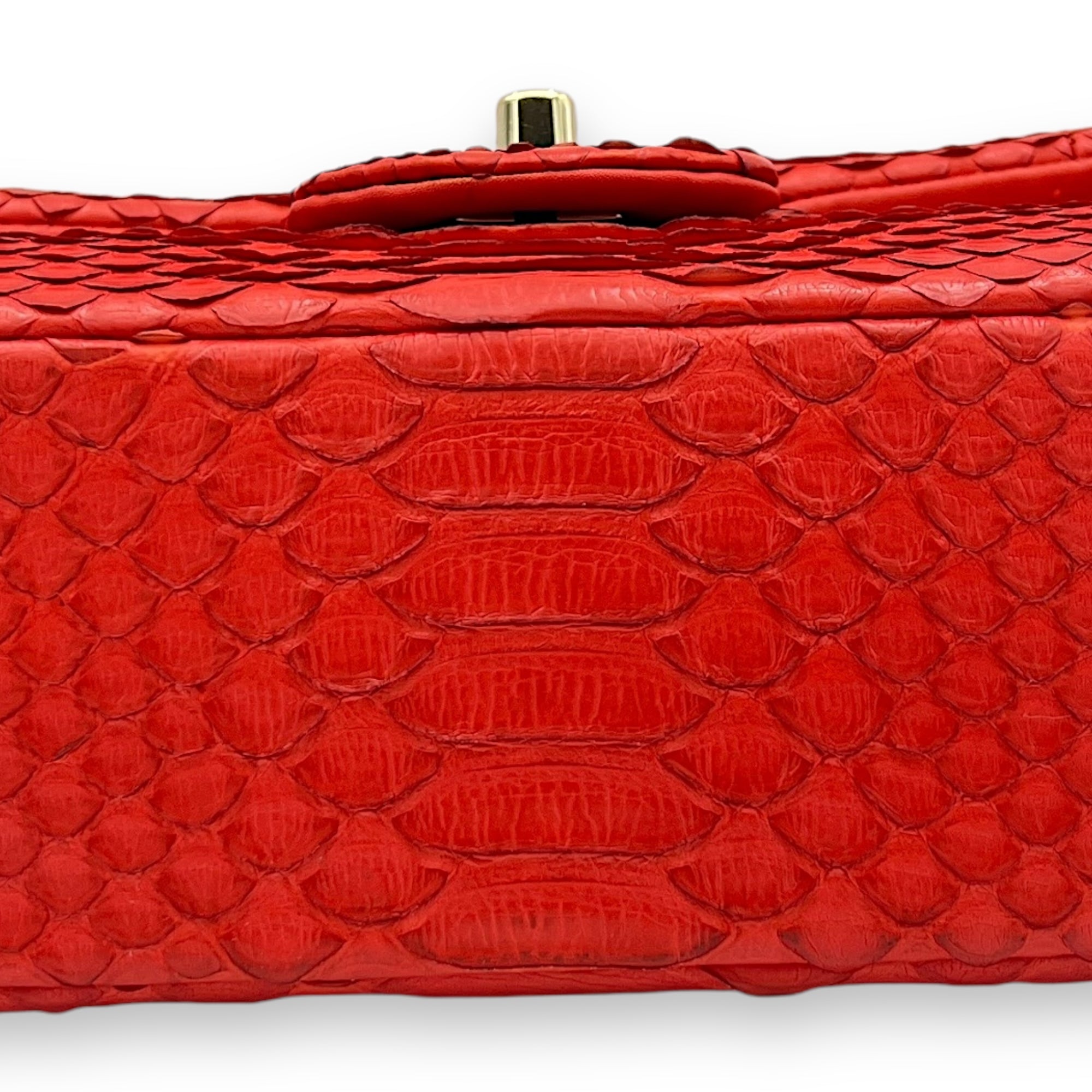 Classic Double Flap Medium Red Shoulder Bag in Python Leather, Gold hardware