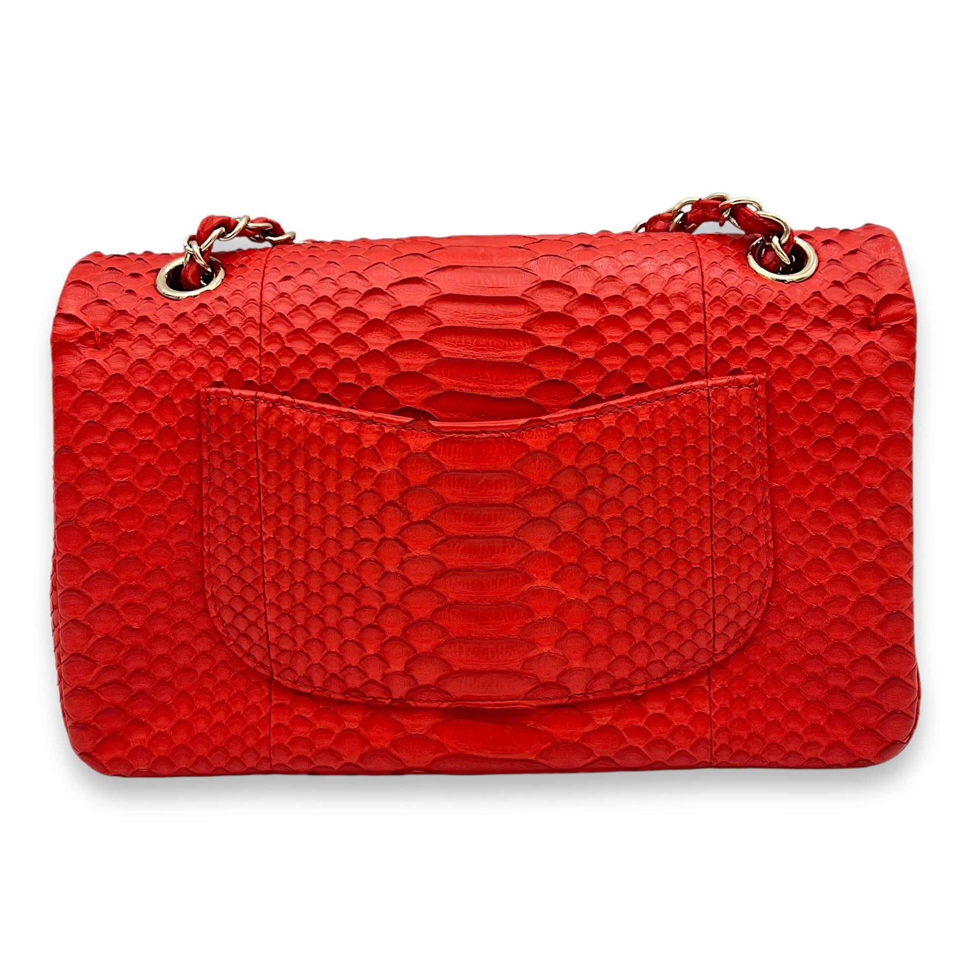 Classic Double Flap Medium Red Shoulder Bag in Python Leather, Gold hardware