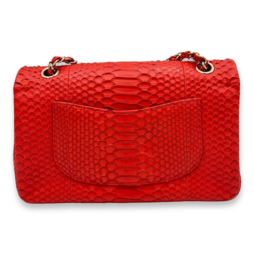 Classic Double Flap Medium Red Shoulder Bag in Python Leather, Gold hardware