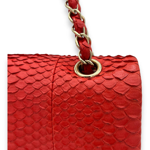 Classic Double Flap Medium Red Shoulder Bag in Python Leather, Gold hardware