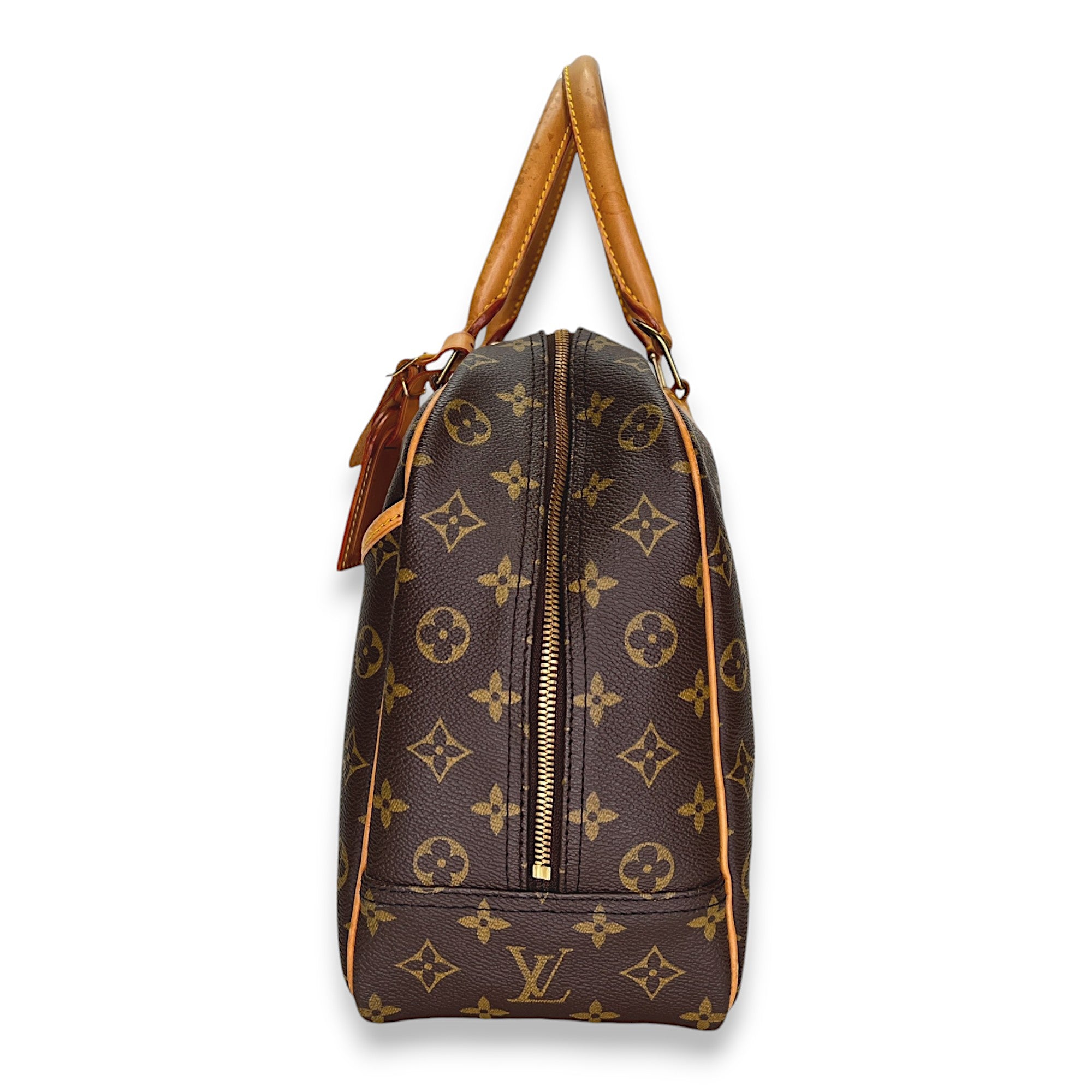 Deauville Brown Top Handle Bag in Monogram Coated Canvas, Gold hardware