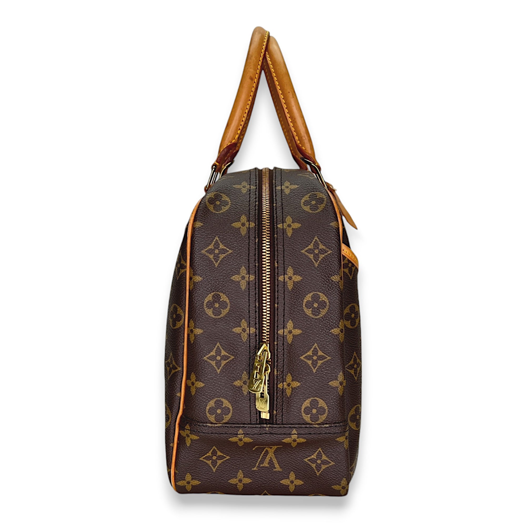 Deauville Brown Top Handle Bag in Monogram Coated Canvas, Gold hardware