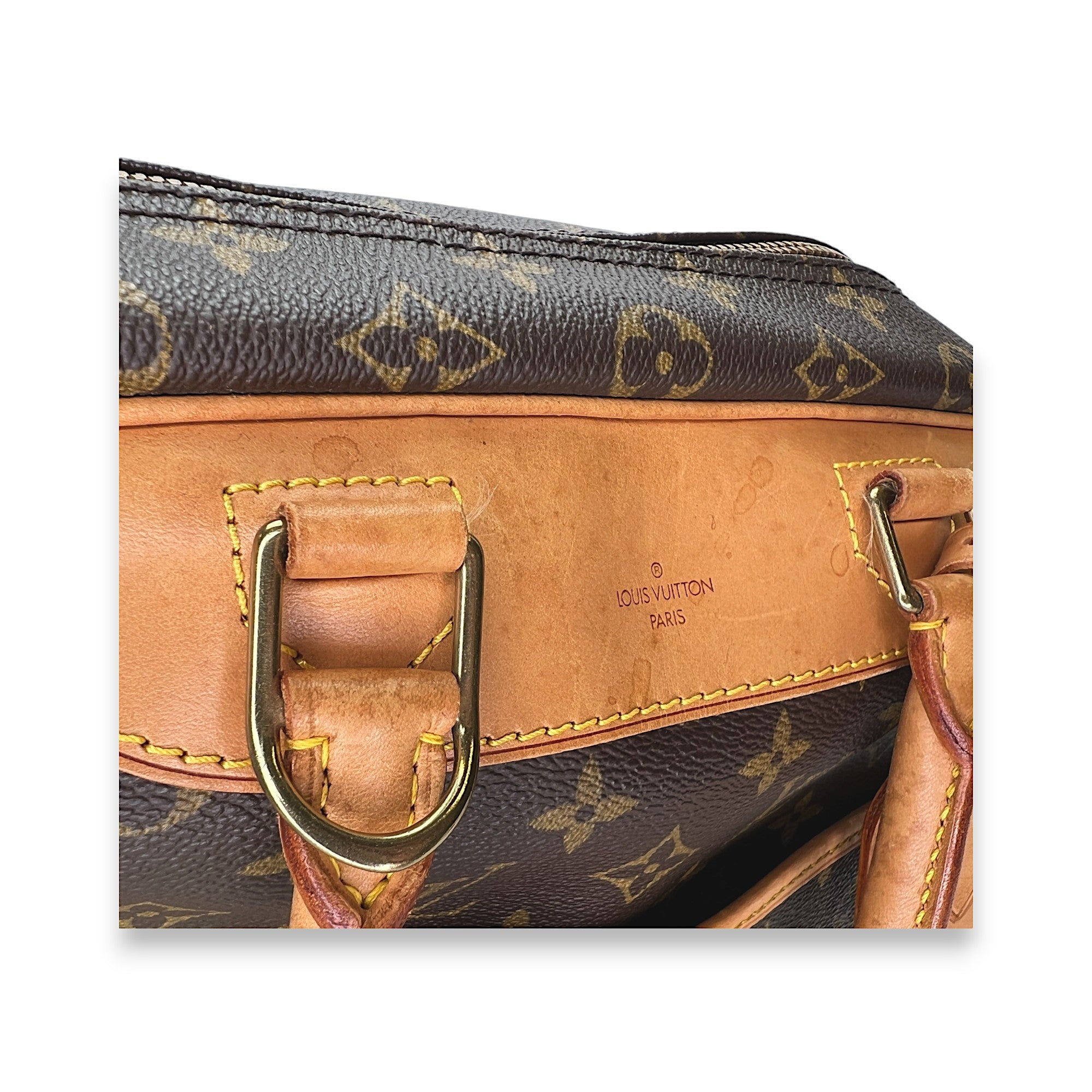 Deauville Brown Top Handle Bag in Monogram Coated Canvas, Gold hardware